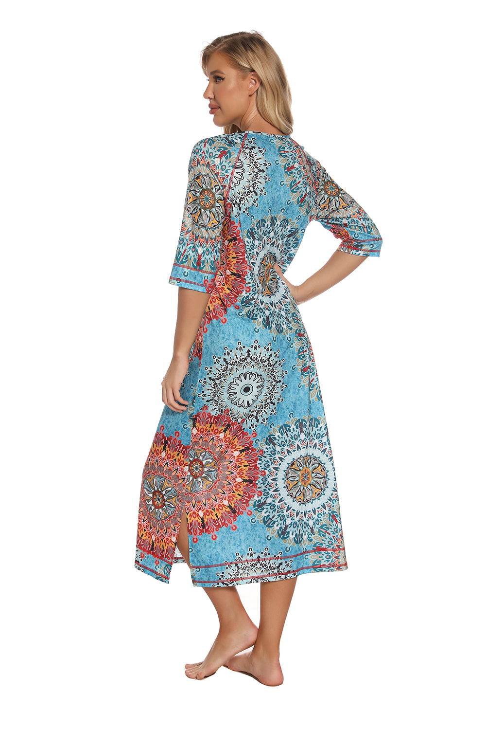 Printed Slit Night Dress with Pockets 