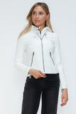 Snobbish Faux Leather Zip Up Drawstring Hooded Jacket 