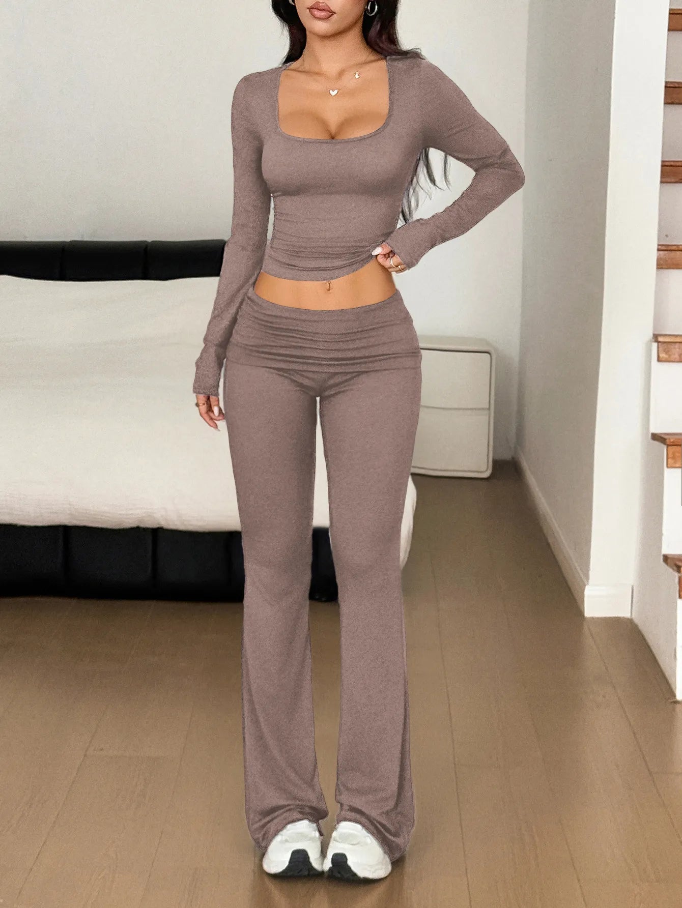 Long Sleeve Crop Top and Bootcut Pants Set Two Piece Dresses