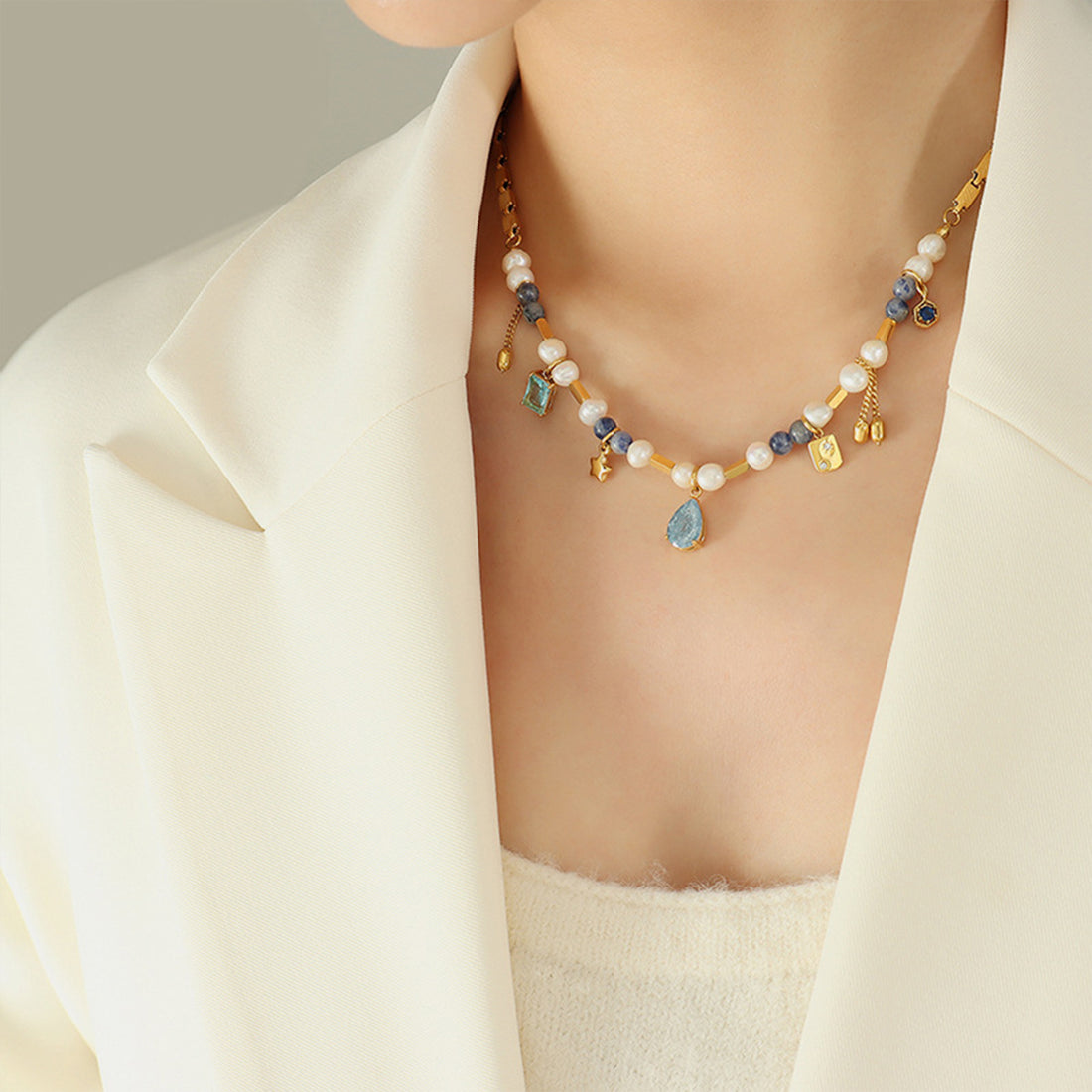 18K Gold-Plated Beaded Charm Necklace 