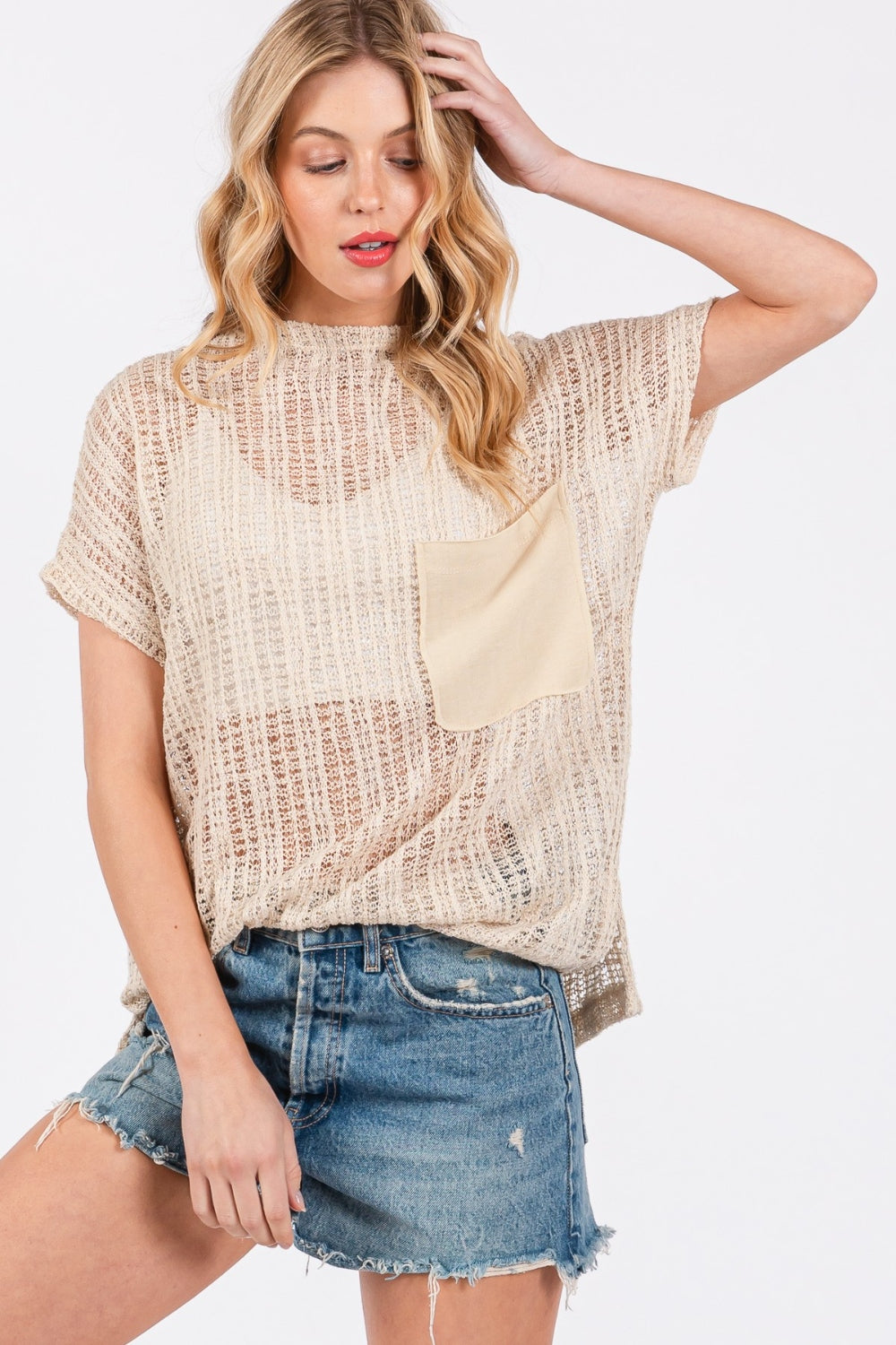 Ces Femme See Through Crochet Mock Neck Cover Up 