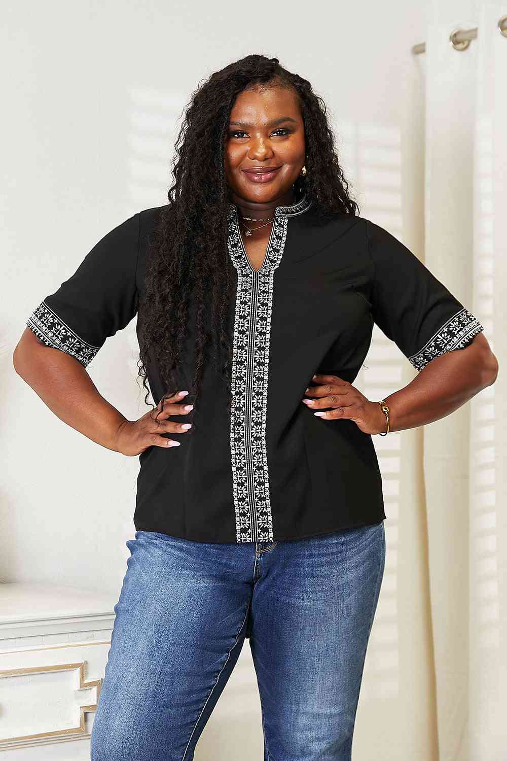 Double Take Embroidered Notched Neck Top 