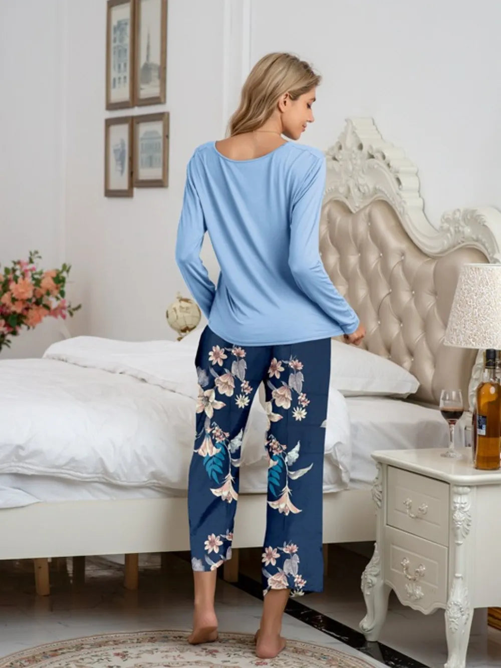 Round Neck Top and Printed Pants Lounge Set Lingerie & Nightwear