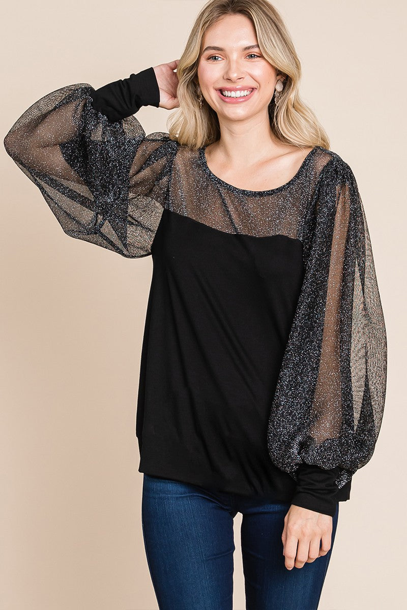 Super Lady Full Size Metallic Mesh Lantern Sleeve Blouse 