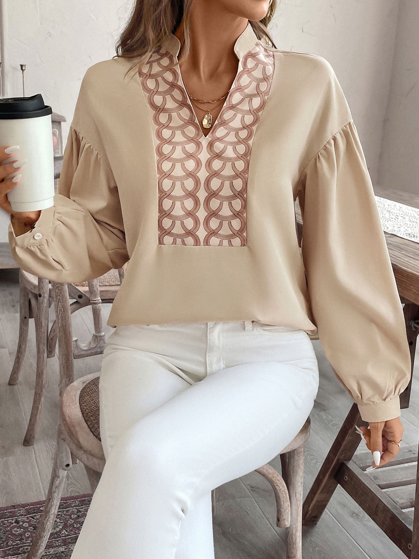 Perfee Printed Notched Long Sleeve Blouse 