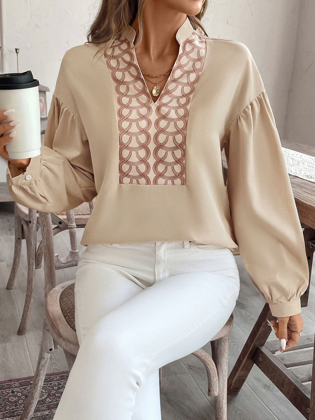 Perfee Printed Notched Long Sleeve Blouse 
