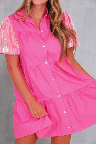 Sequin Button Up Tiered Dress Dresses