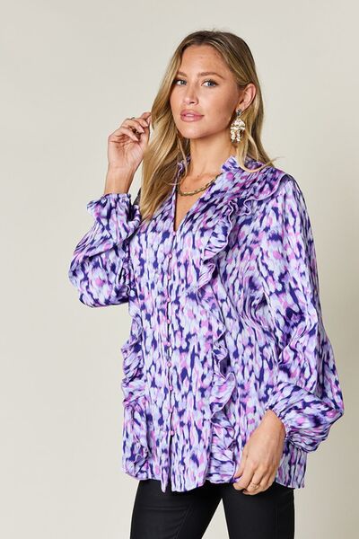 Double Take Full Size Printed Ruffle Trim Balloon Sleeve Shirt 