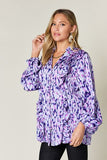Double Take Full Size Printed Ruffle Trim Balloon Sleeve Shirt 