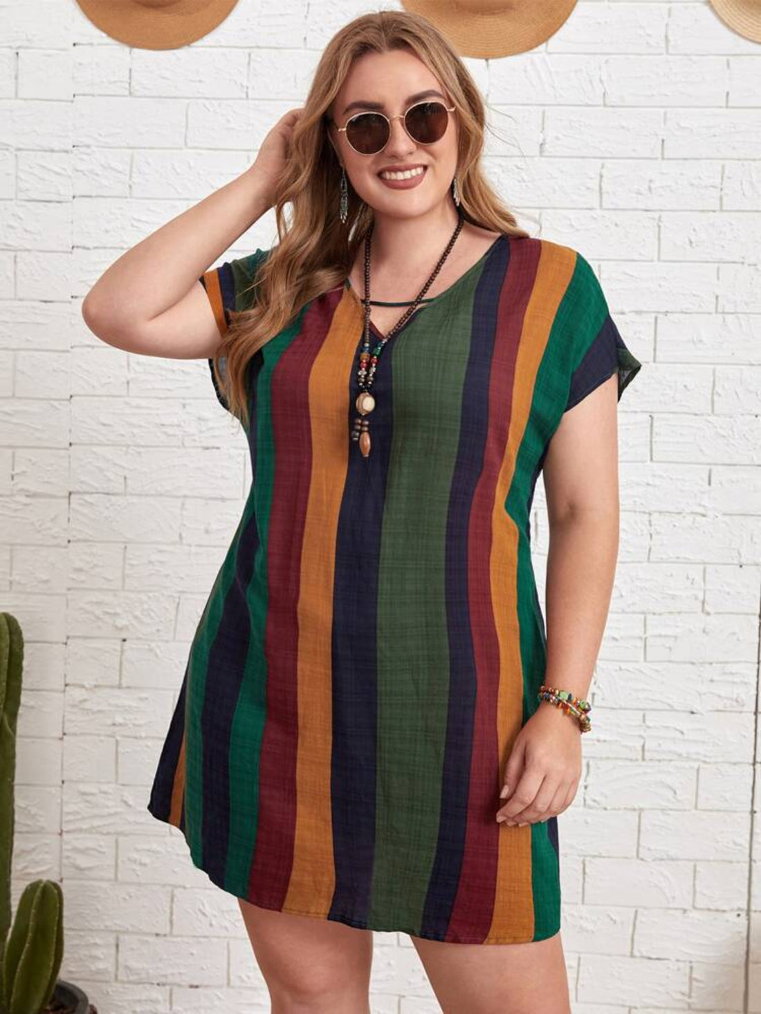 Plus Size Striped Short Sleeve Mini Dress 