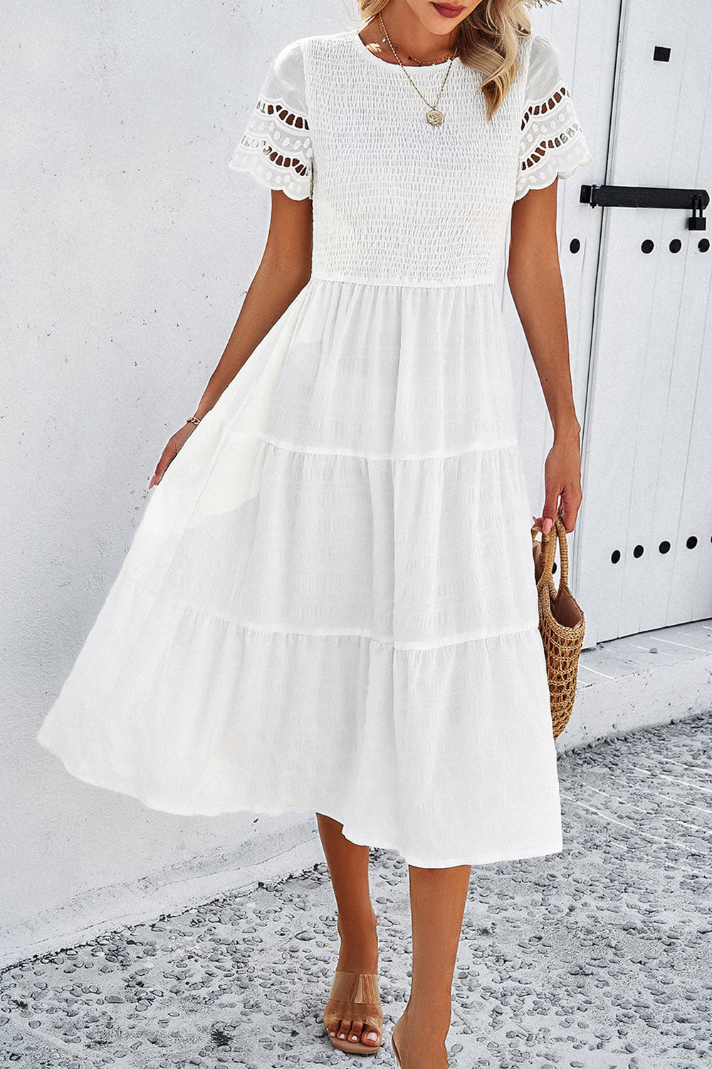 Devine Smocked Round Neck Short Sleeve Midi Dress 