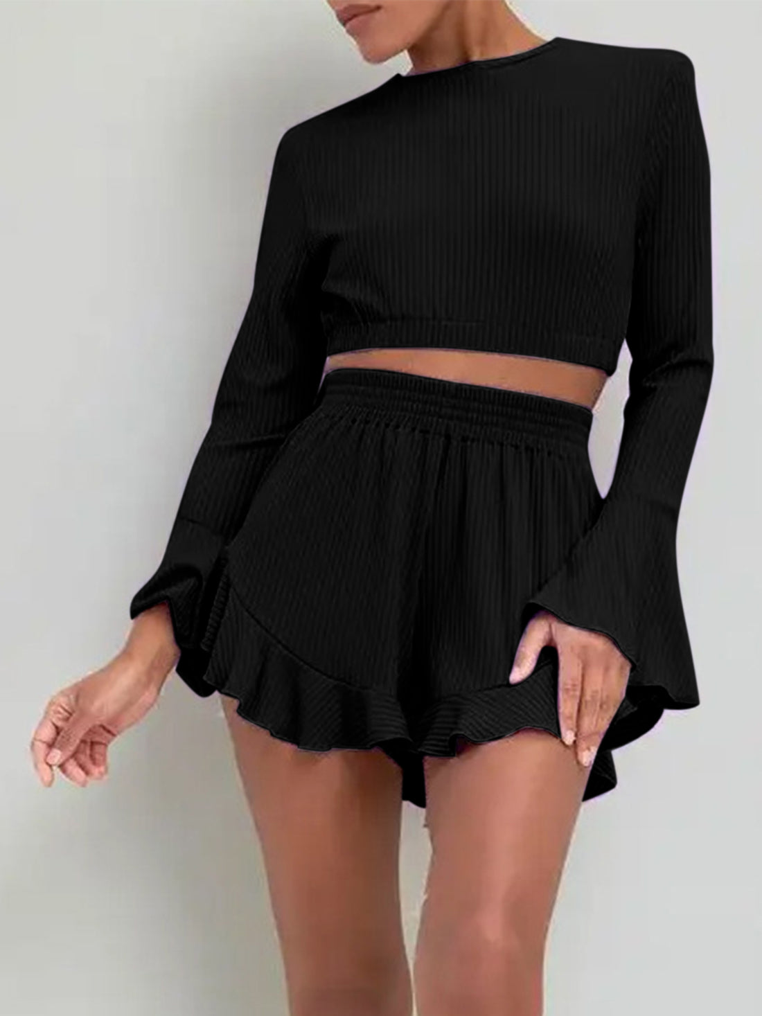 Round Neck Long Sleeve Top and Ruffled Shorts Set 