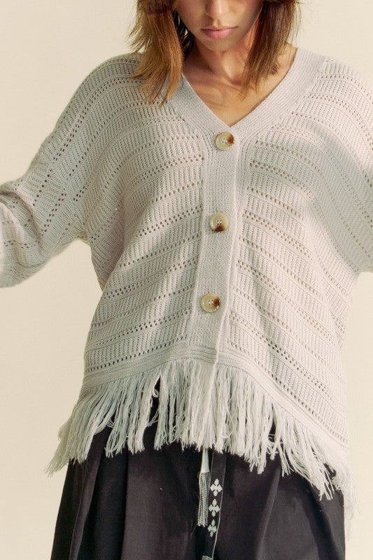 Davi & Dani Fringe V-Neck Button Up Long Sleeve Cardigan 