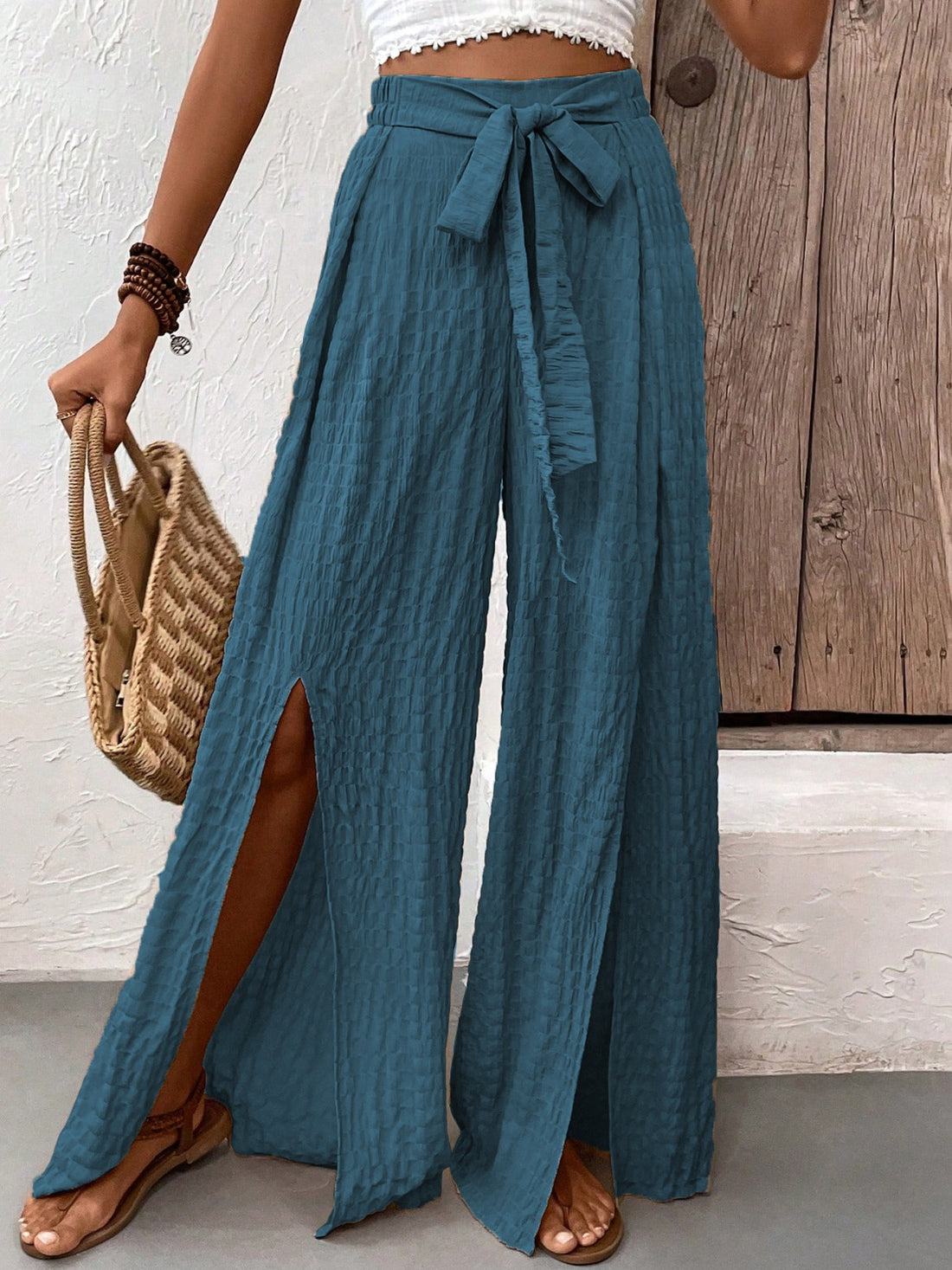 Honey Tied Slit Wide Leg Pants 