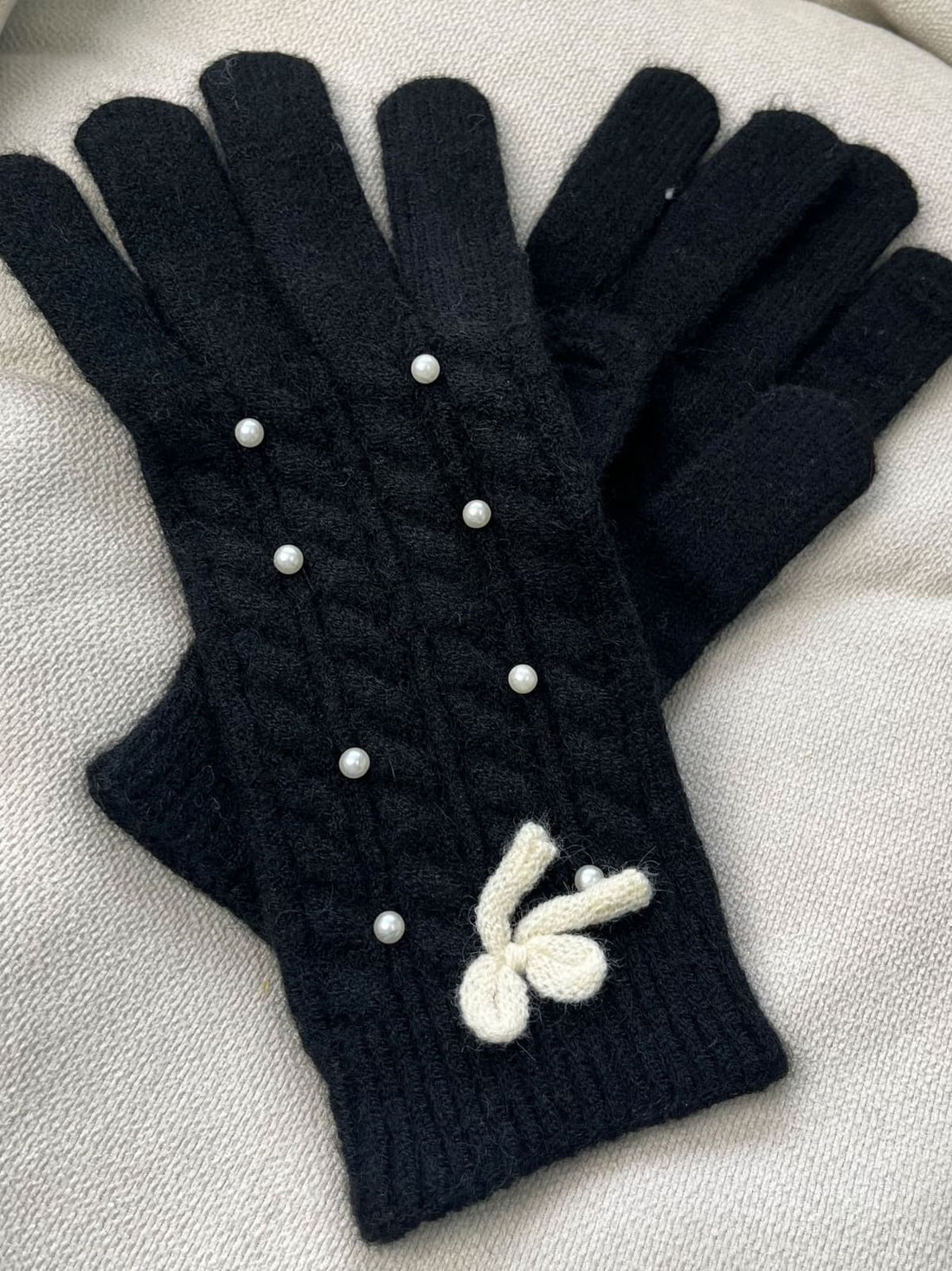 Thermal Pearl Detail Bow Five-Finger Gloves 