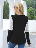 Waffle-Knit Lace Round Neck Long Sleeve T-Shirt 