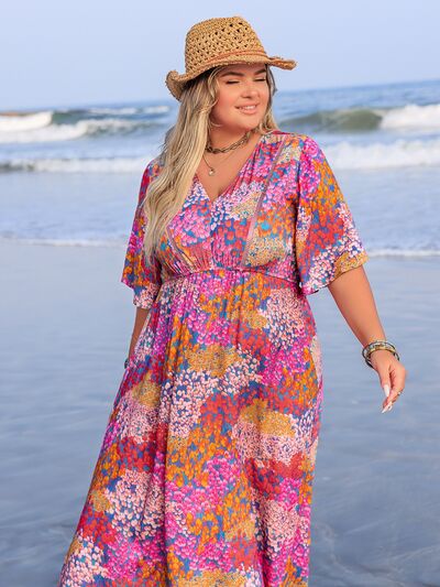 Plus Size Printed V-Neck Half Sleeve Maxi Dress Dresses