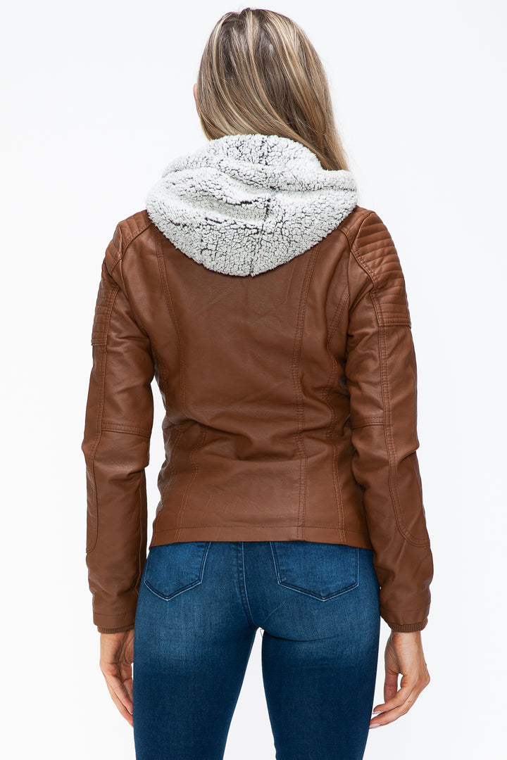 YMI Removable Faux Layered Multi-Pocket Jacket with Fuzzy Hood 