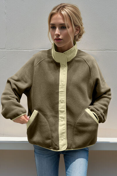 Double Take Snap Down Contrast Fleece Jacket with Pockets 