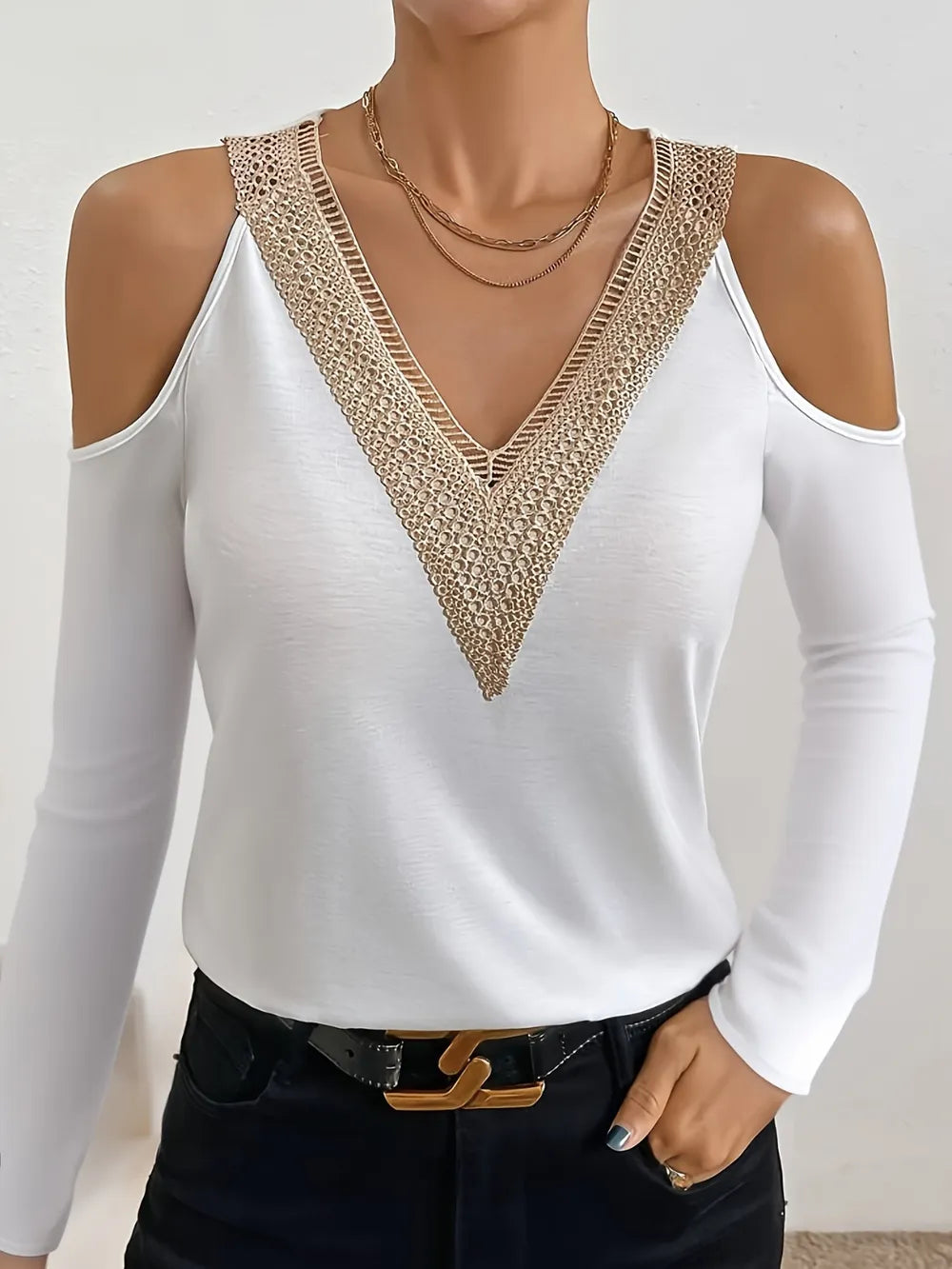 V-Neck Cold Shoulder Long Sleeve T-Shirt 
