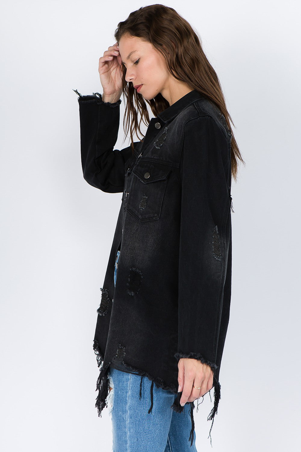 American Bazi Distressed Frayed Hem Denim Jacket 