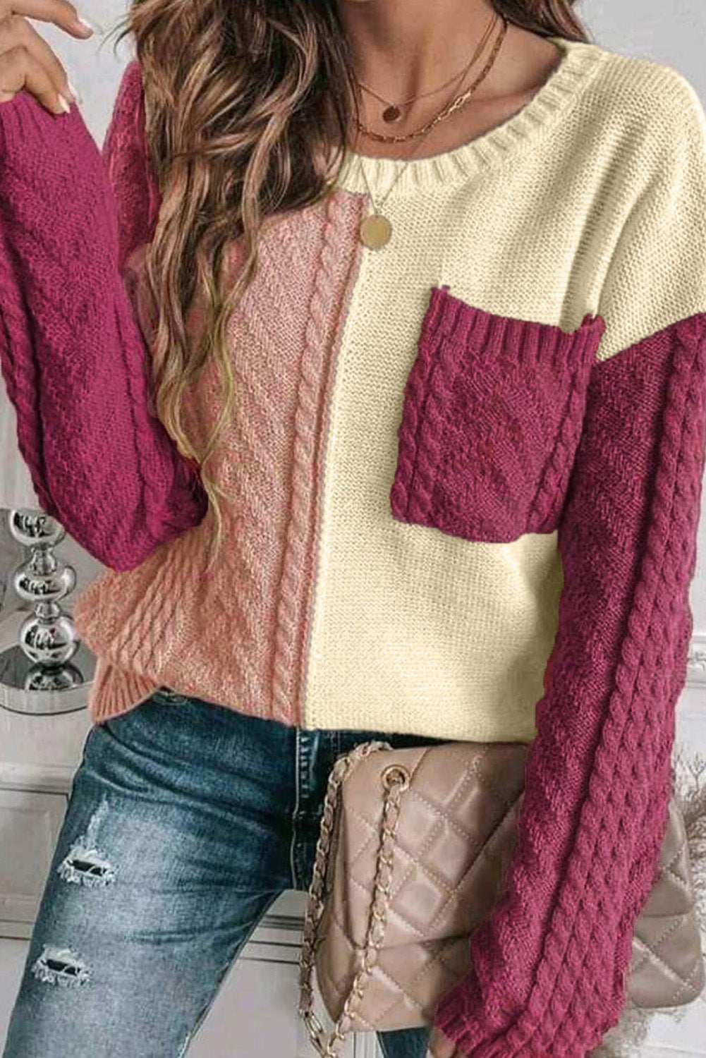Gold Flame Colorblock Patched Pocket Drop Shoulder Sweater Sweaters & Cardigans/Sweaters