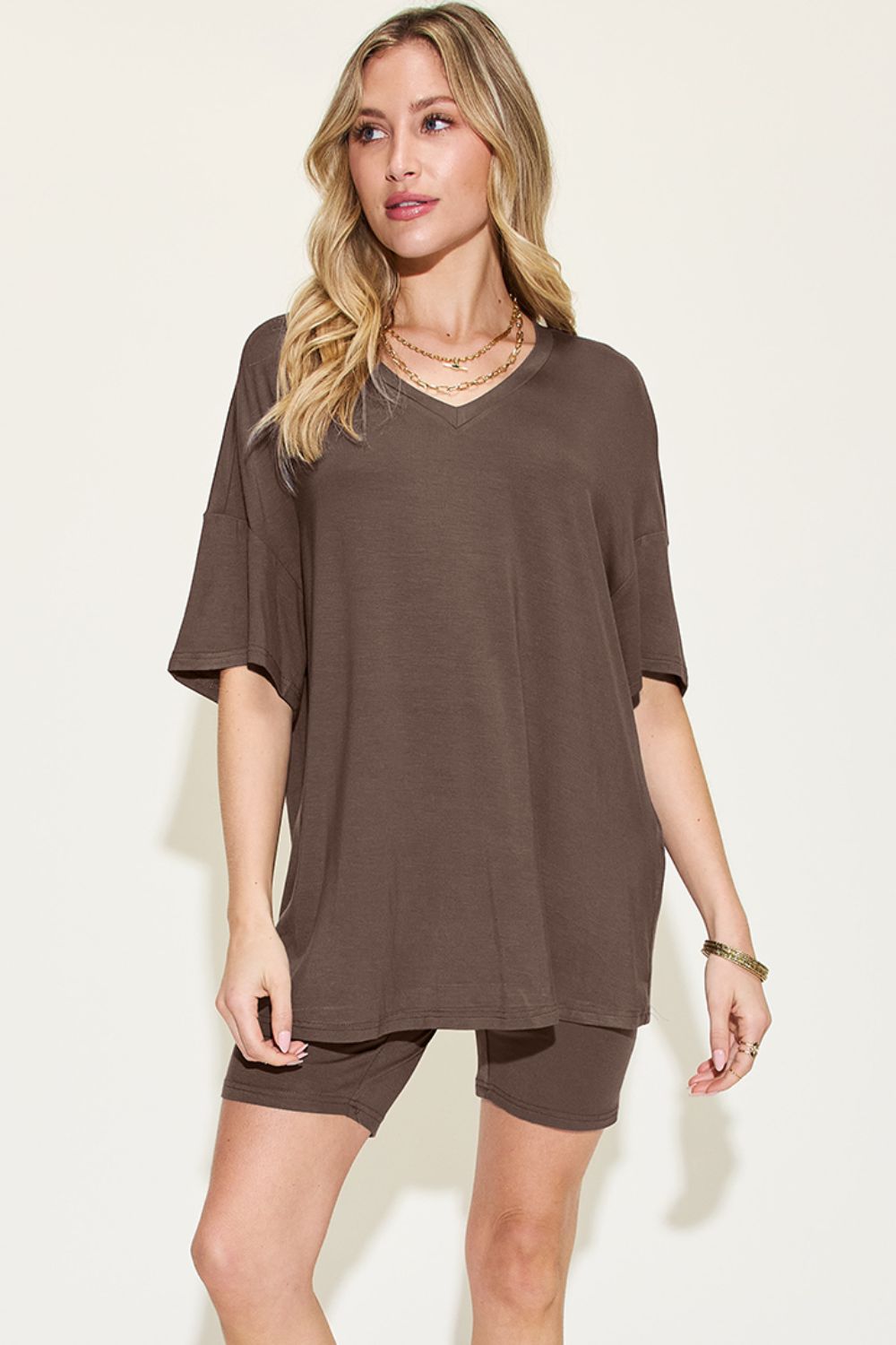Basic Bae Full Size V-Neck Drop Shoulder T-Shirt and Shorts Set 