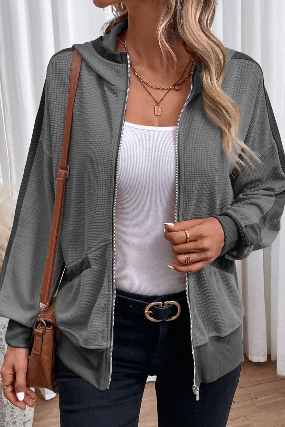 Waffle-Knit Pocketed Zip Up Hooded Jacket 