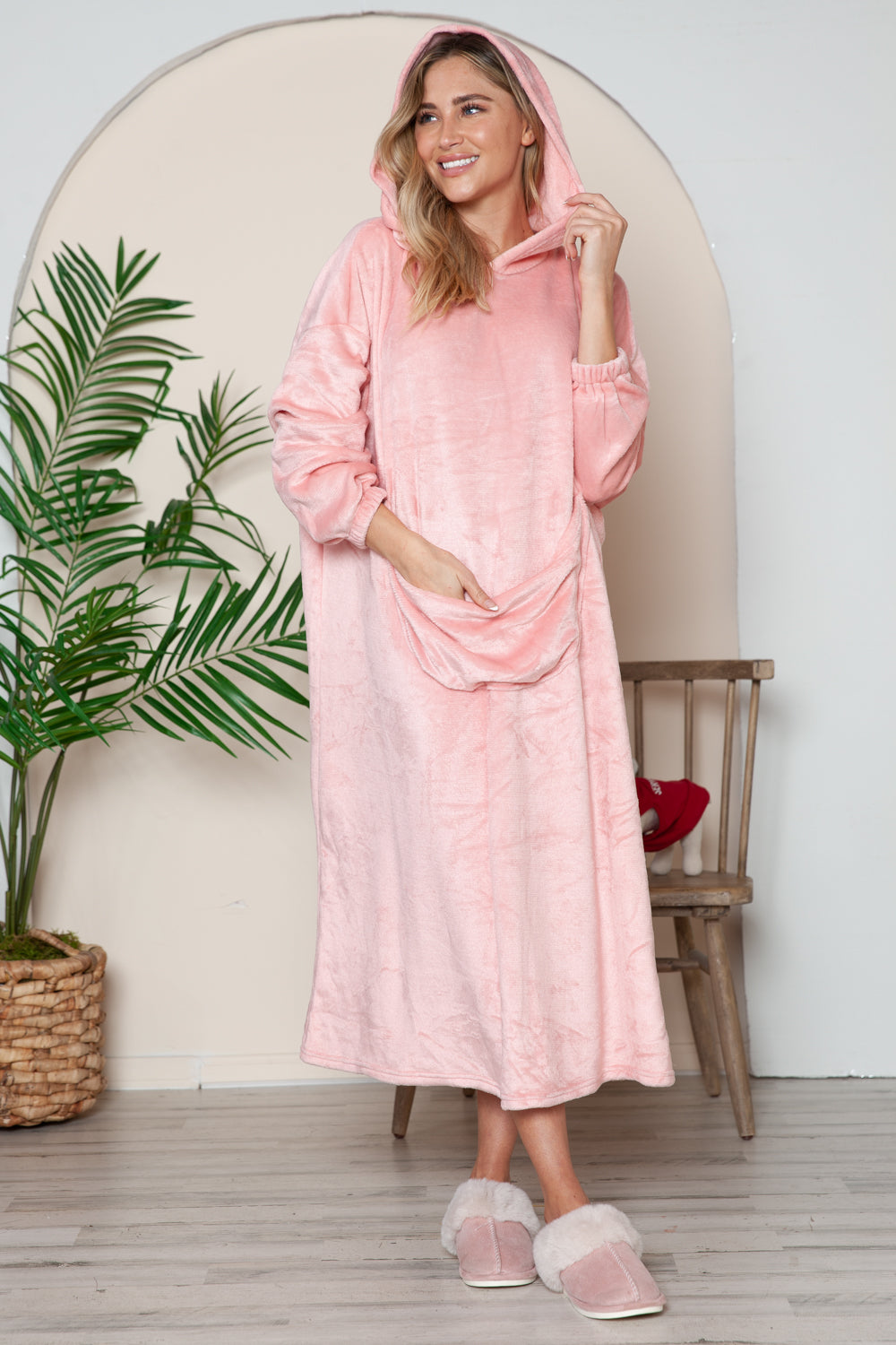 Double Take Full Size Pocketed Hooded Midi Lounge Dress 