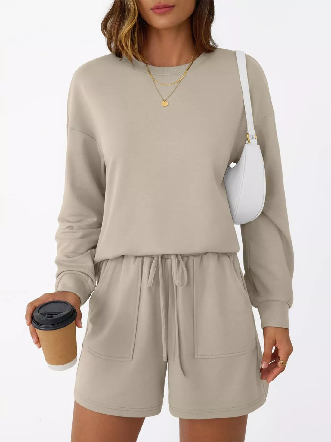 Round Neck Long Sleeve Top and Shorts Set Two Piece Dresses
