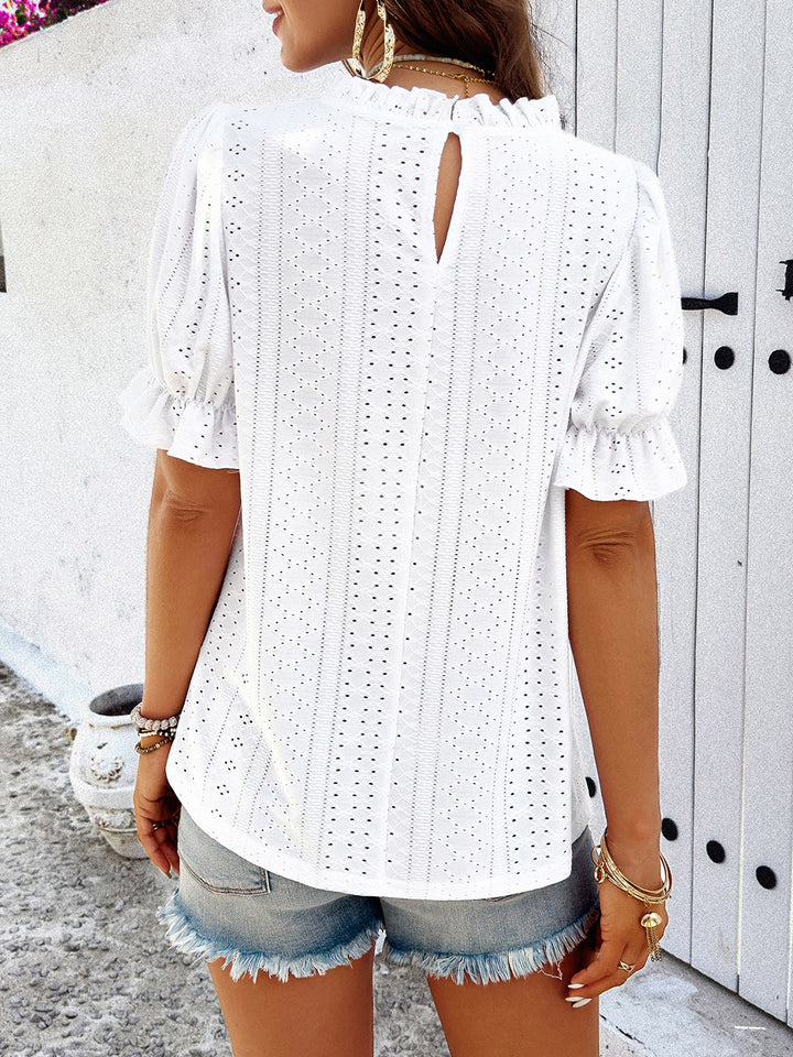 Devine Eyelet Mock Neck Flounce Sleeve Blouse 
