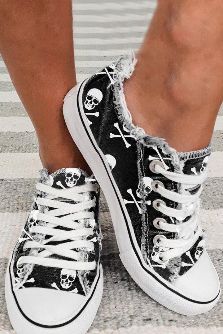 Black Skull Print Lace-up Canvas Sneakers Shoes & Bags/Women's Shoes