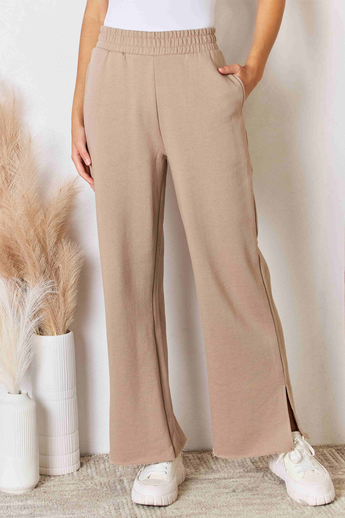 RISEN Wide Waistband Slit Wide Leg Pants 
