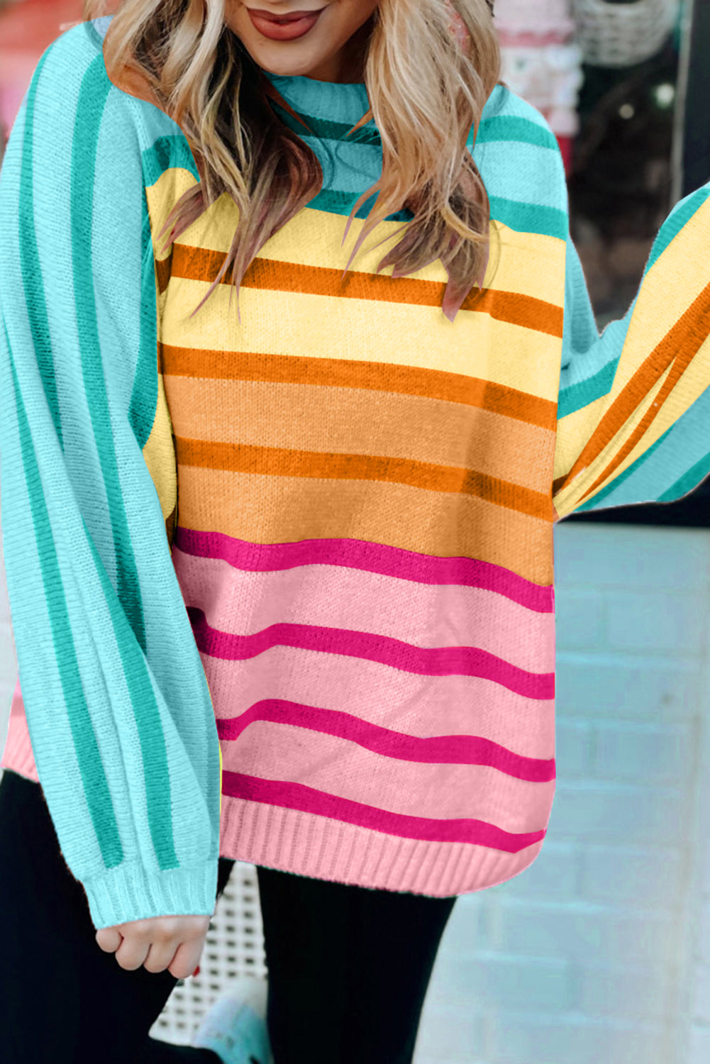 Yellow Stripe Gradient Striped Ribbed Edge Loose Sweater Sweaters & Cardigans/Sweaters