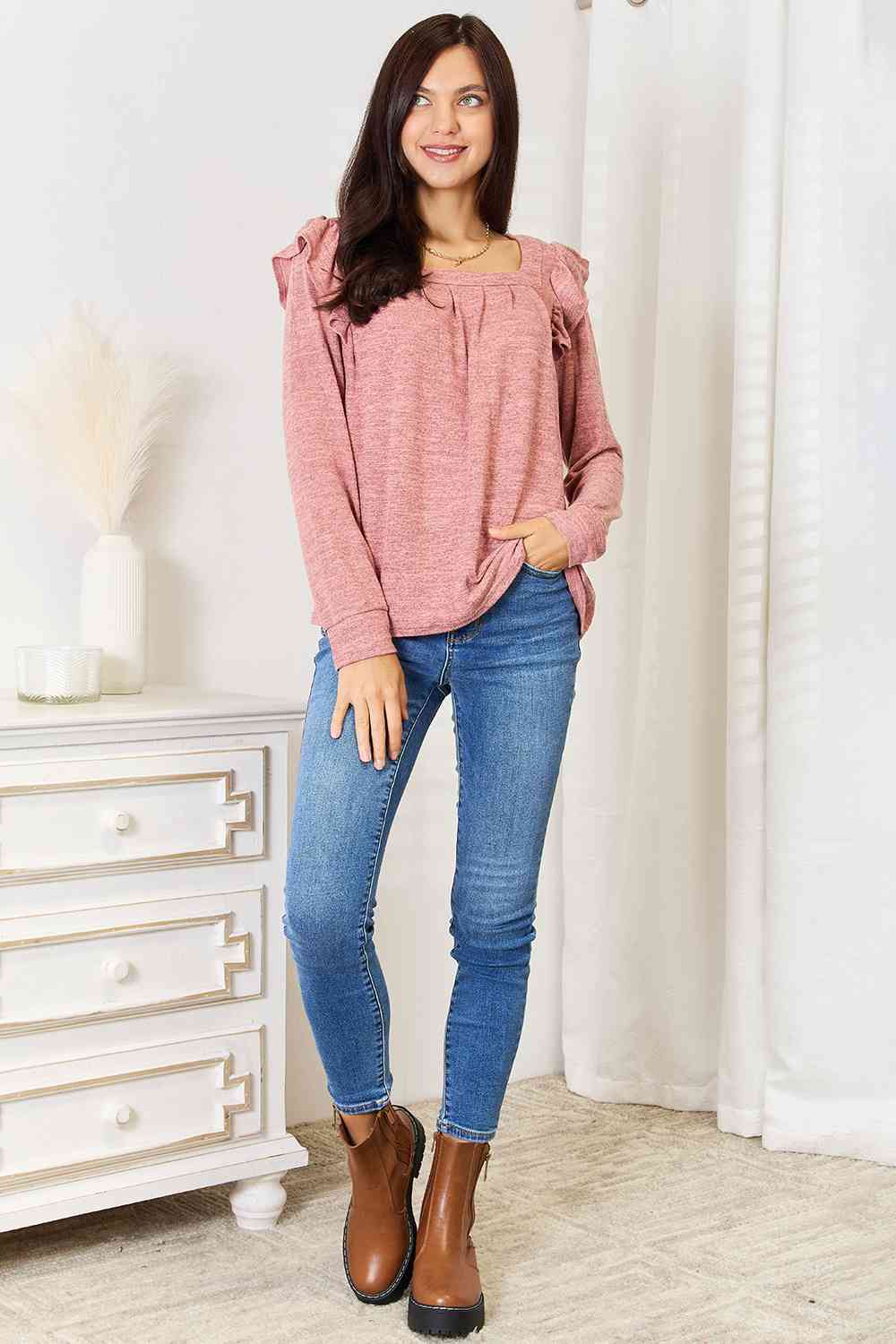 Double Take Square Neck Ruffle Shoulder Long Sleeve T-Shirt 