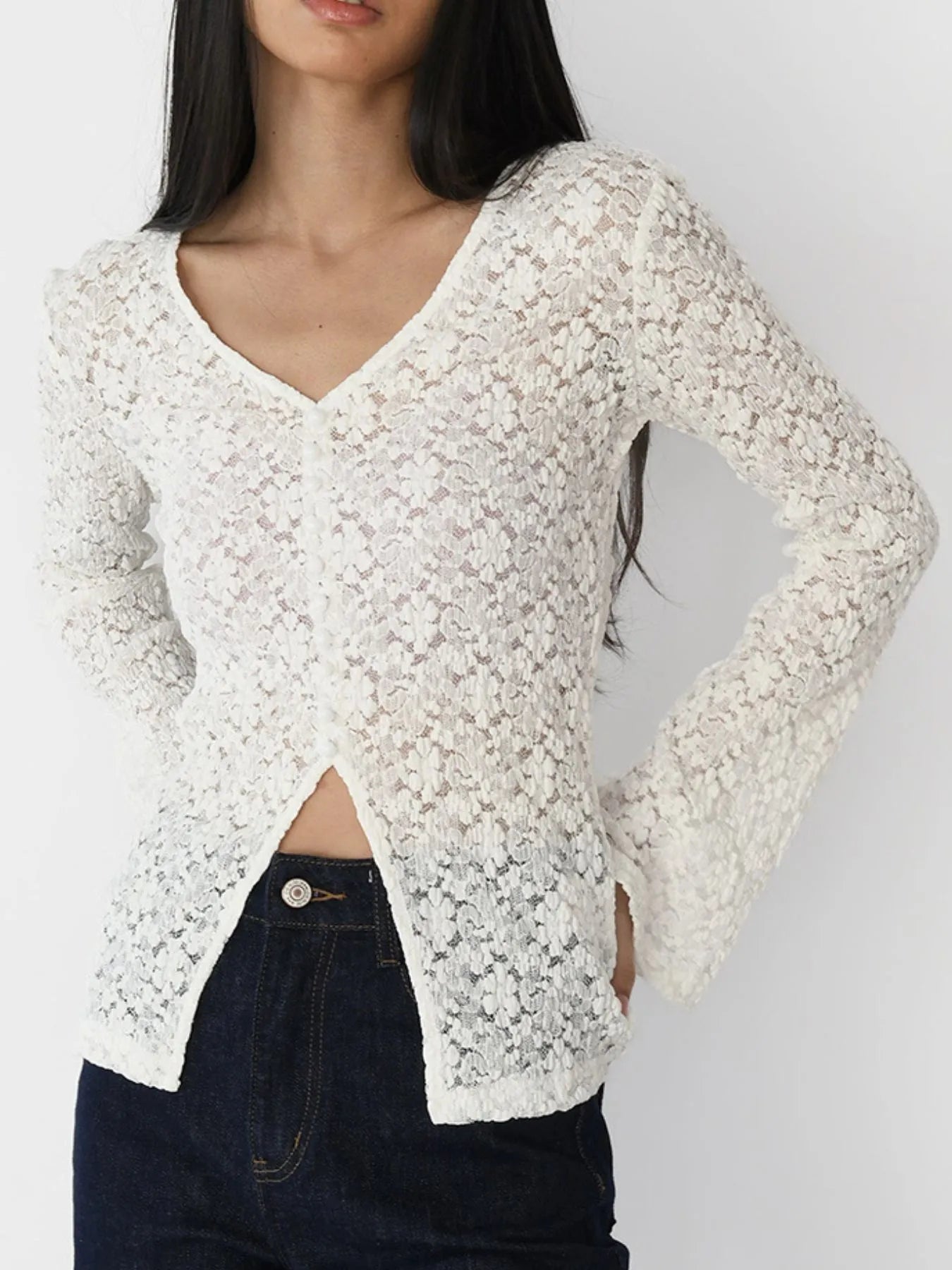 Lace V-Neck Flare Sleeve T-Shirt 