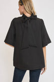 Umgee Bow Tie Back Mock Neck Half Sleeve Blouse 