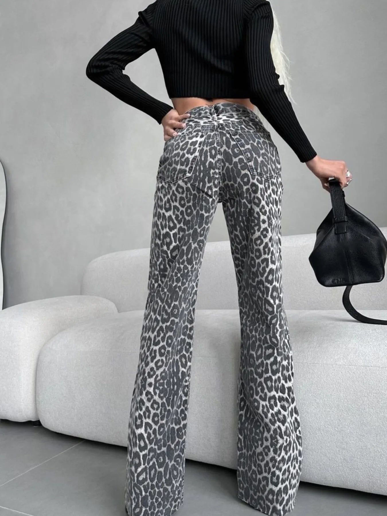 High-Waisted Leopard Print Flare Jeans 