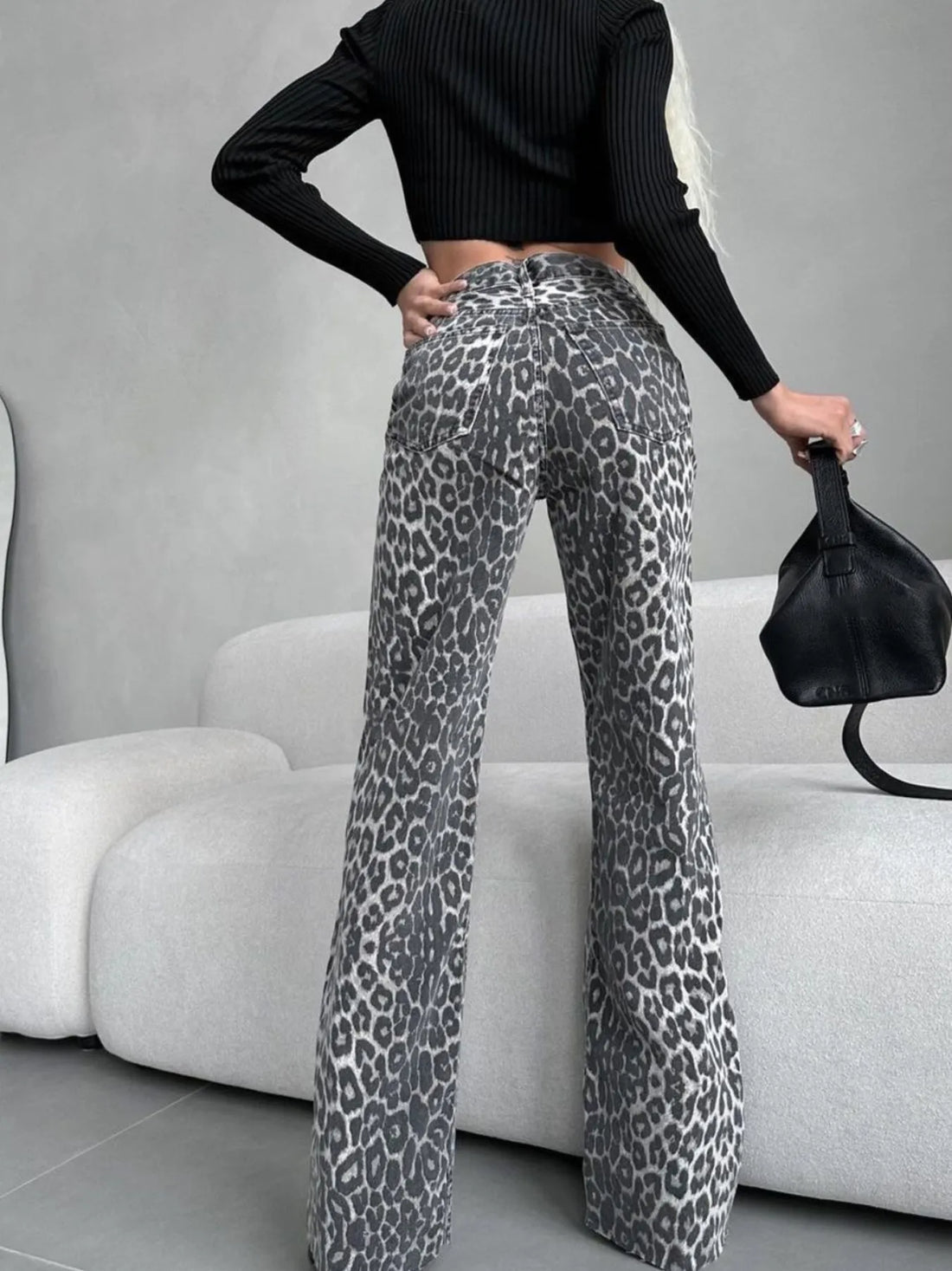 High-Waisted Leopard Print Flare Jeans 