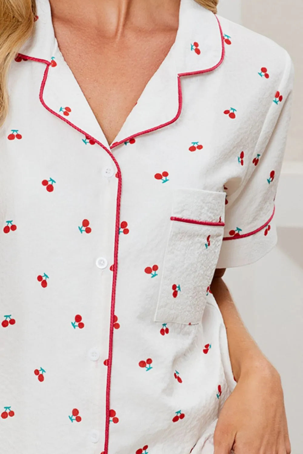 Cheery Print Collared Neck Top and Shorts Lounge Set Lingerie & Nightwear