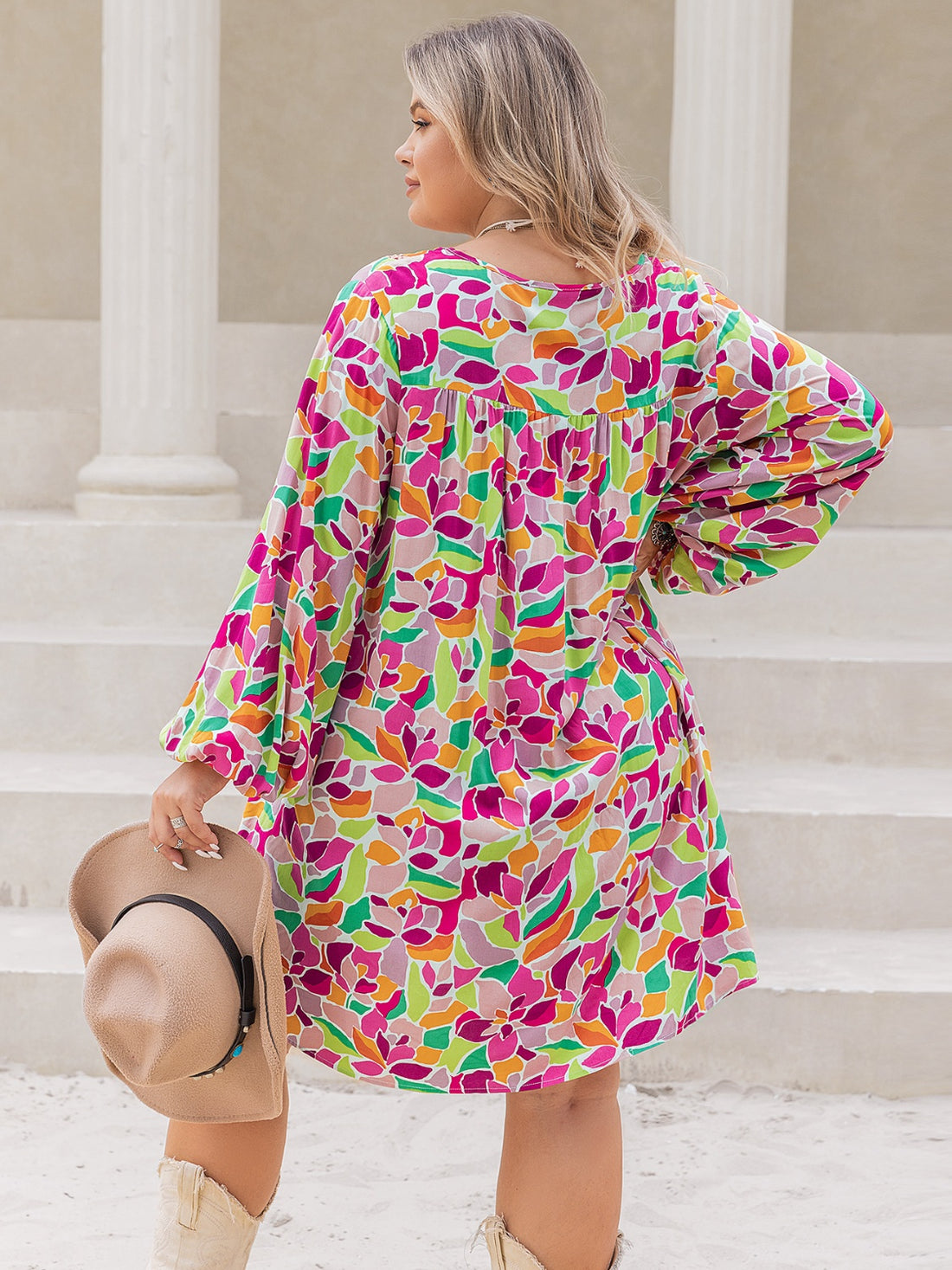 Plus Size Printed V-Neck Balloon Sleeve Mini Dress 