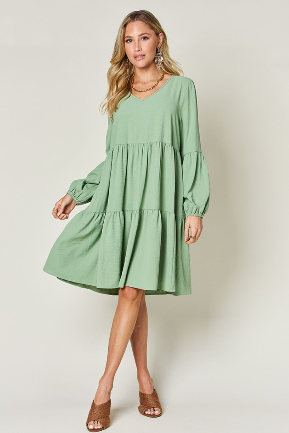 Double Take Full Size V-Neck Balloon Sleeve Tiered Dress with Pockets 