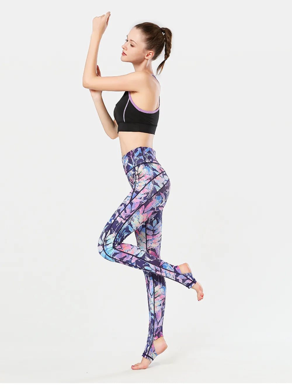 Printed Wide Waistband Active Leggings with Stirrups 