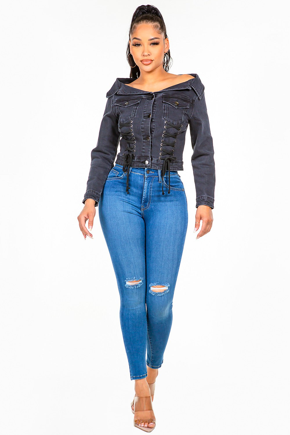 American Bazi Off Shoulder Lace Up Denim Jacket 