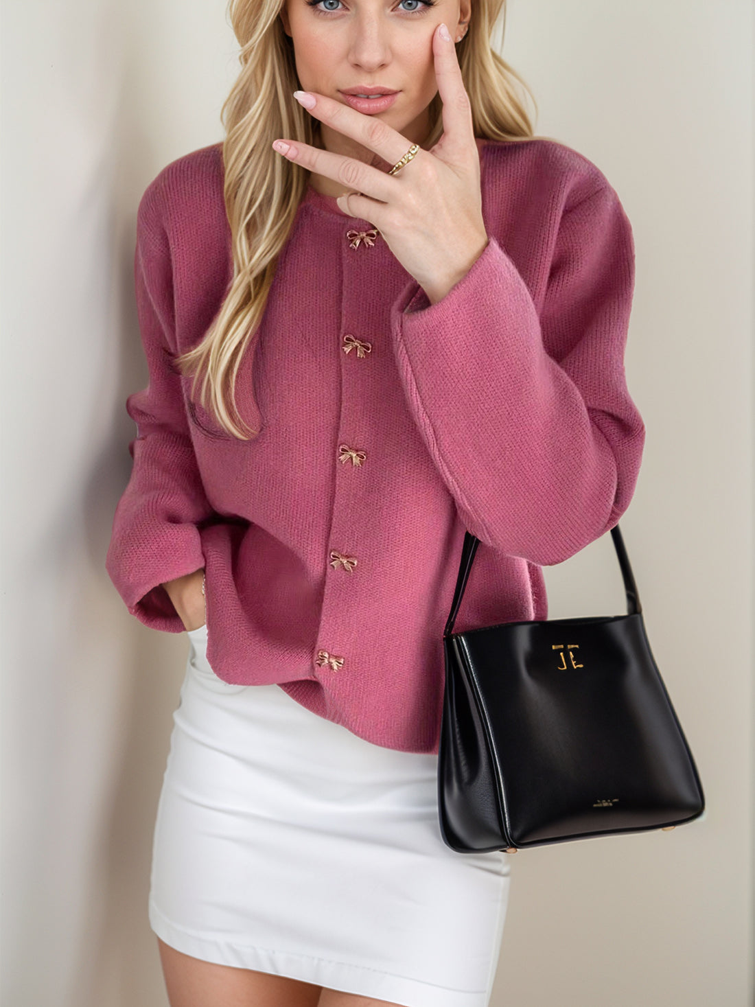 Bow Button Down Round Neck Long Sleeve Cardigan 