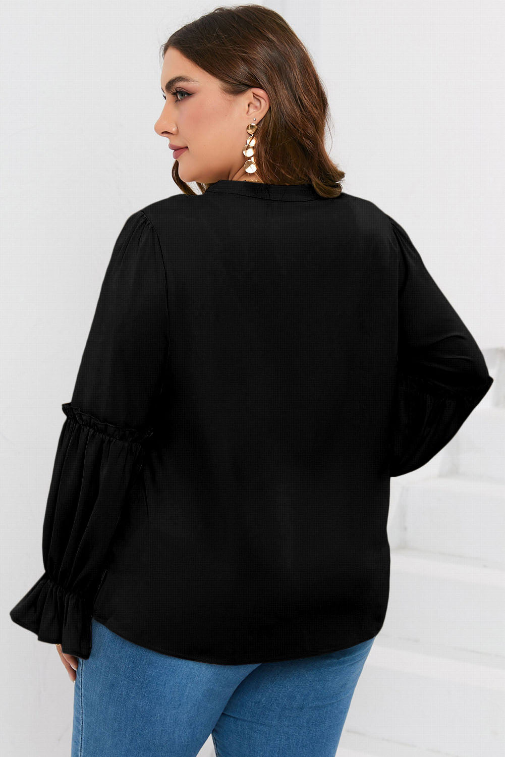Plus Size Ruffled Tie Neck Flounce Sleeve Blouse 