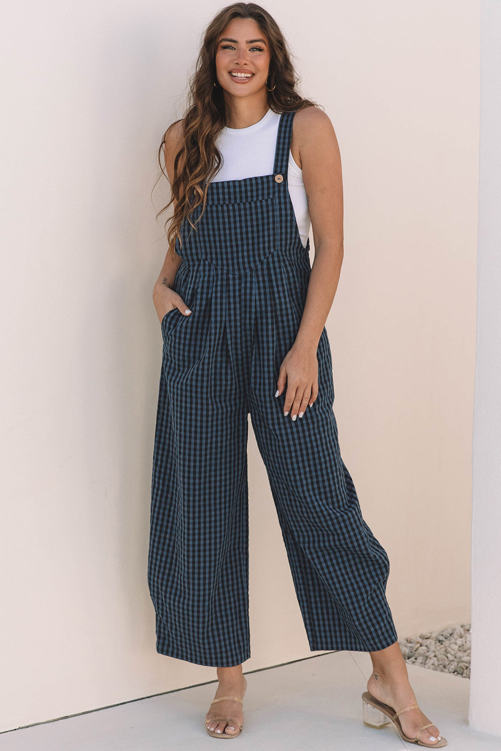Sail Blue Plaid Print Buttoned Pocketed High Waist Overall Bottoms/Jumpsuits & Rompers