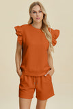 Double Take Full Size Texture Round Neck Ruffle Sleeve Top and Shorts Set 