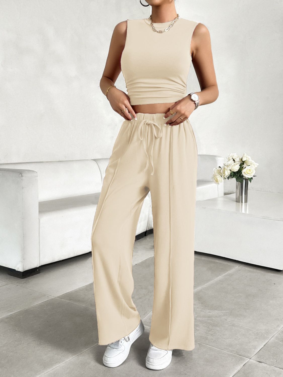 Devine Mock Neck Sleeveless Top and Drawstring Pants Set 
