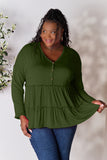 Double Take Half Button Long Sleeve Ruffle Hem Blouse 